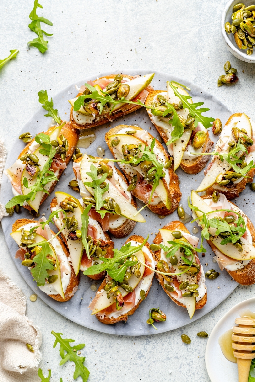 plated ricotta and pear crostini