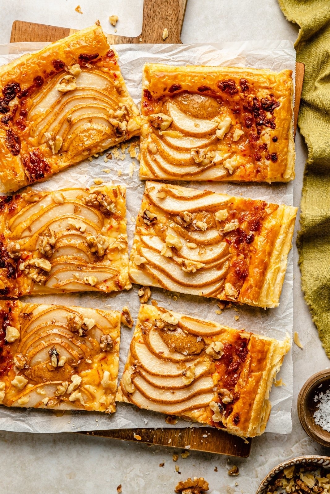 cooked pear puff pastry tart cut into squares