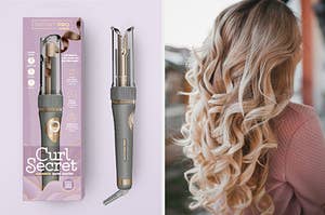 split frame of curl secret product imagery and woman with long curly hair
