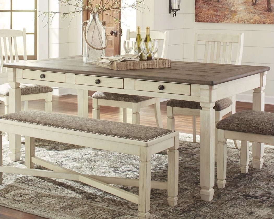 a gray and white wood dining table
