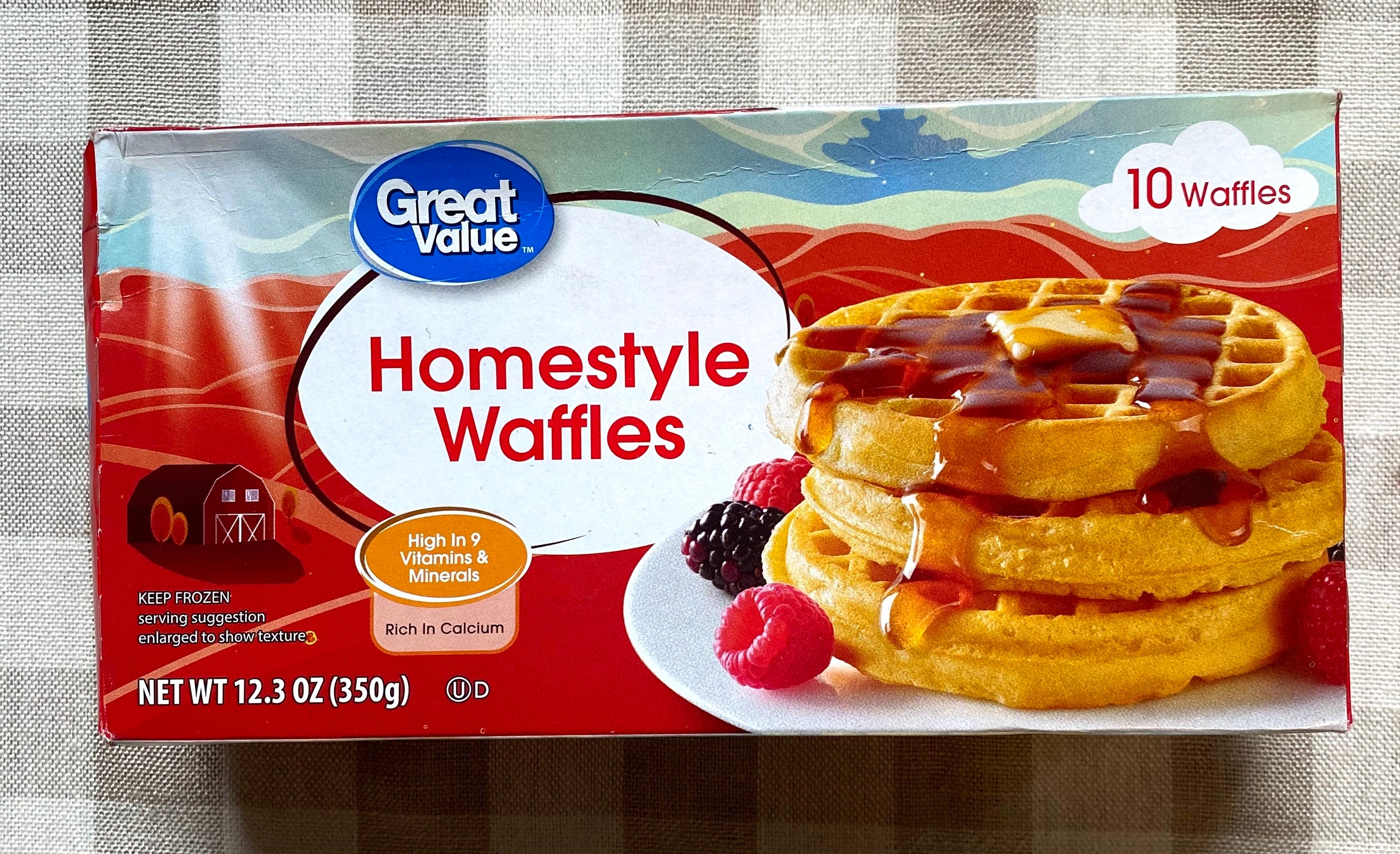 a box of great value homestyle waffles