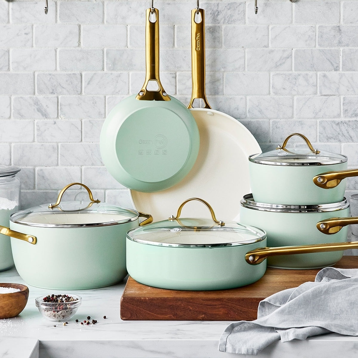 the 10-piece cookware set with pots, pans, and skillets with gold-tone handles