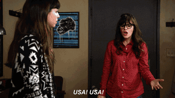 Jessica and Cece from the show &quot;New Girl&quot; are chanting, &quot;USA! USA!&quot;