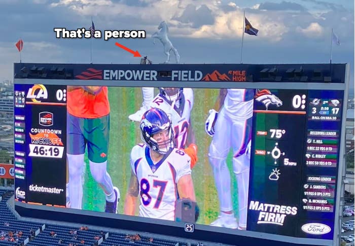 Closeup of the Broncos scoreboard