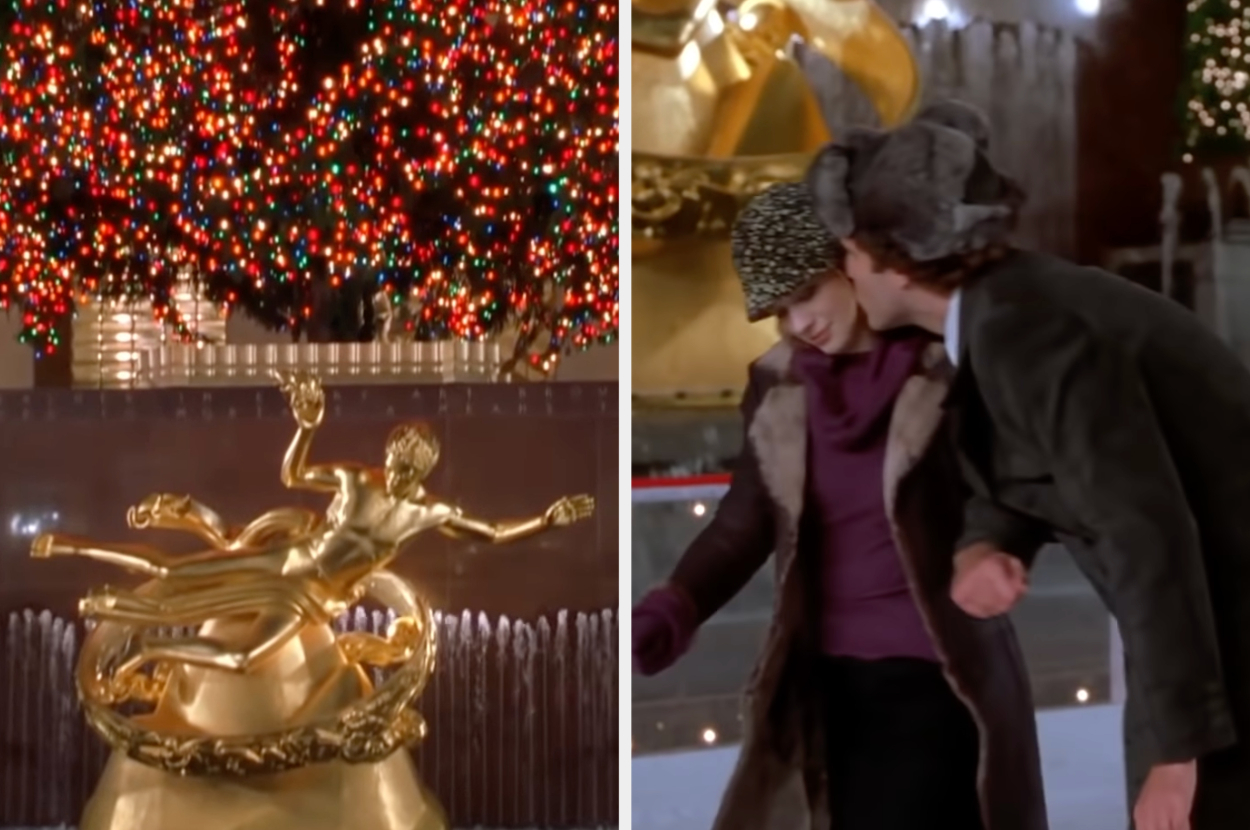 Buddy and Jovie from the movie &quot;Elf&quot; are ice skating at Rockefeller Center during Christmas time.