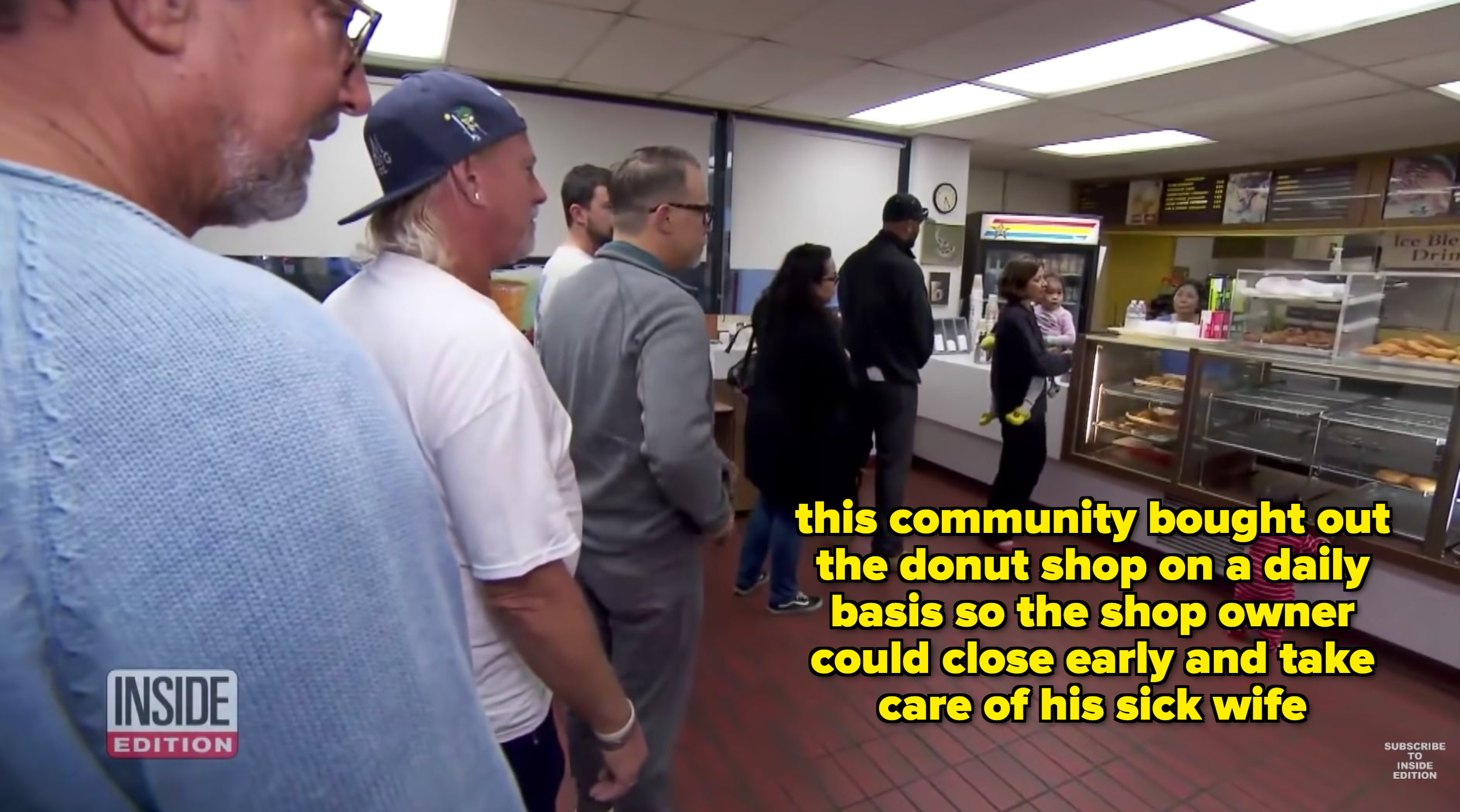 Customers are in line at a donut shop. The caption reads, &quot;This community bought out the donut shop on a daily basis so the shop owner could close early and take care of his sick wife&quot;