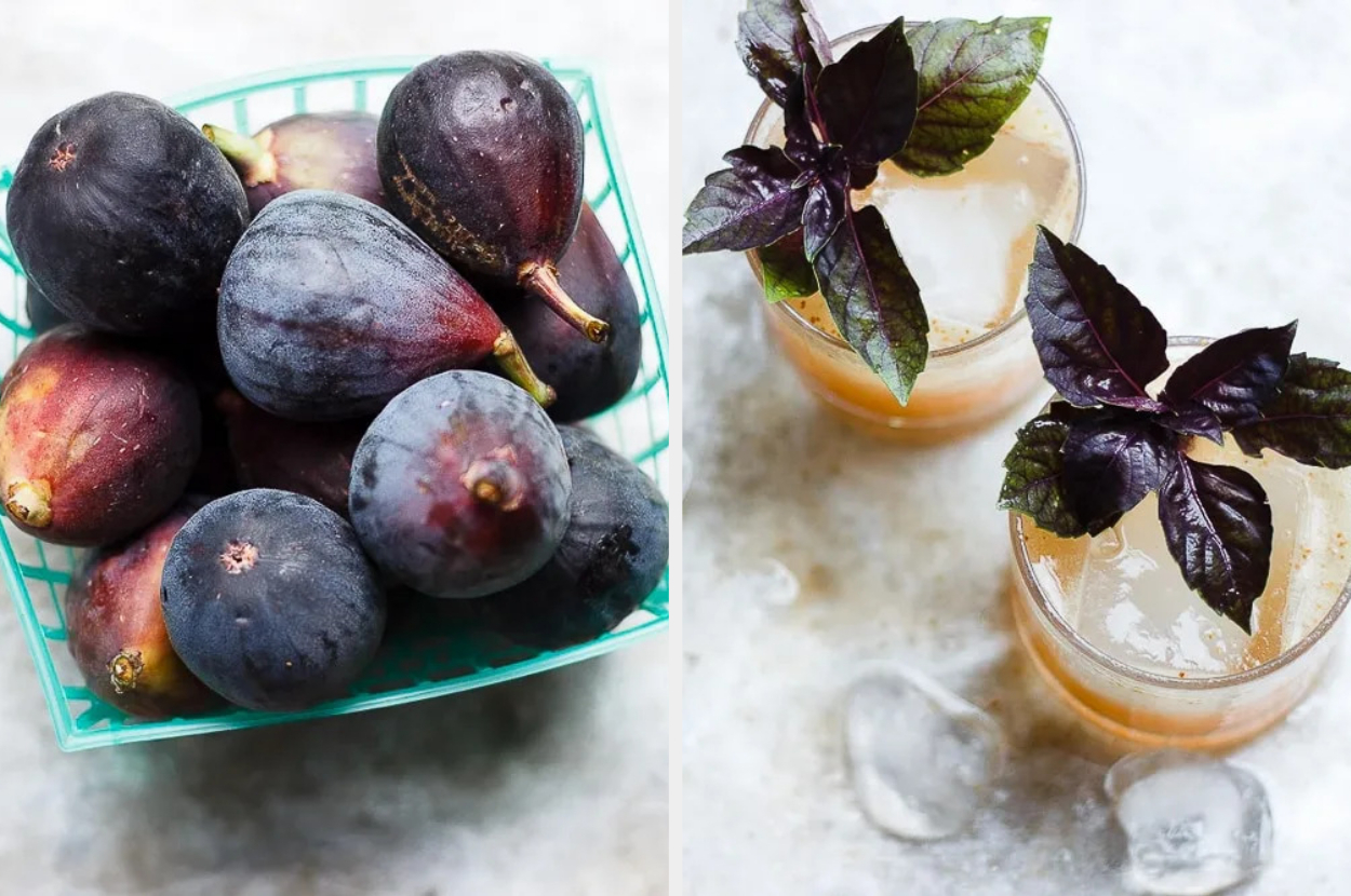 fresh figs in a basket and basil fig vodka smash in a glass topped with basil