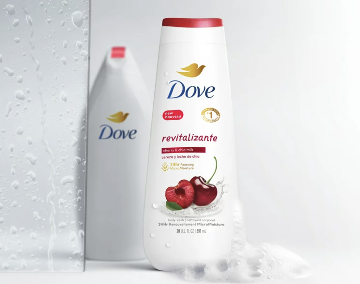 the Dove body wash in a shower