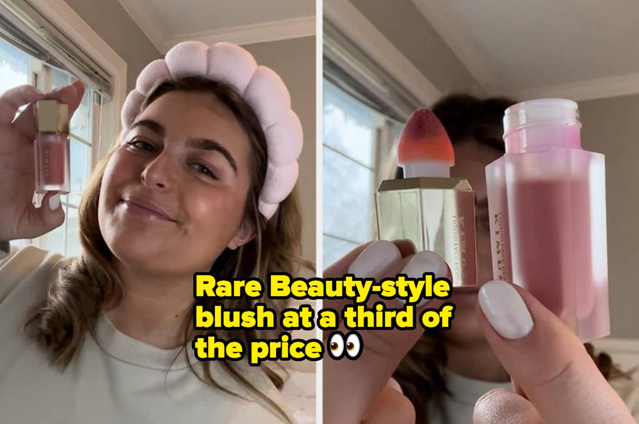 from left to right: reviewer wearing cheaper version pink Rare Beauty-style blush