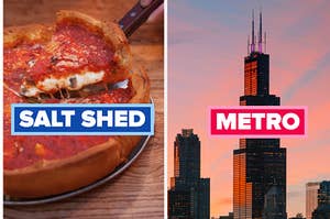 Chicago deep dish pizza next to a separate image of the sears tower.