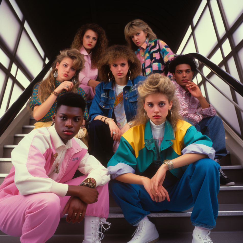 A group of teens at the mall in colorful &#x27;80s fashion