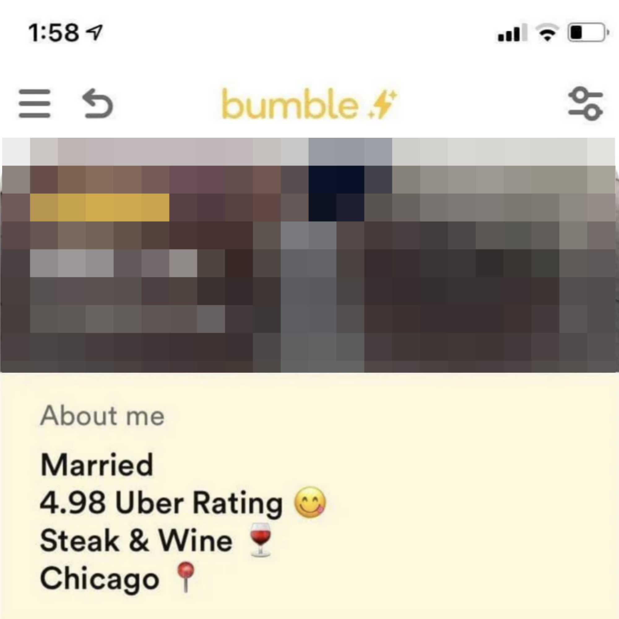 about me: married, 4.8 uber rating, steak and wine, chicago