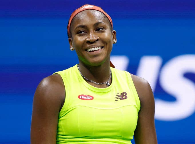 Closeup of Coco Gauff smiling on court