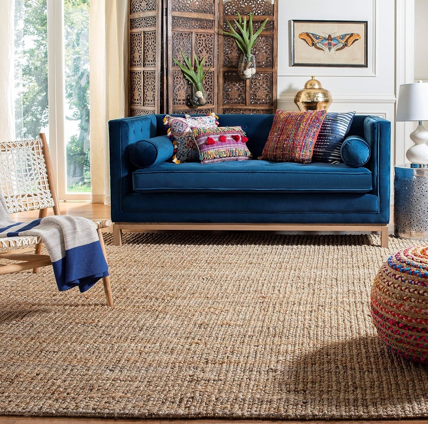 a brown chunky textured rug in a living room space
