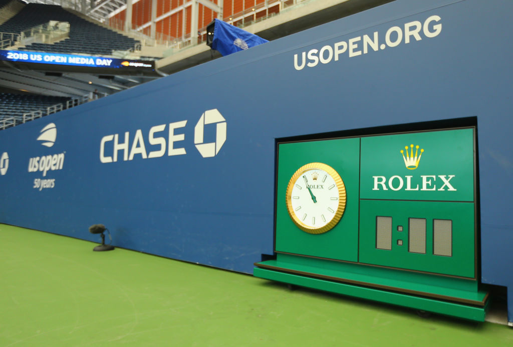 Closeup of a clock on the US Open court