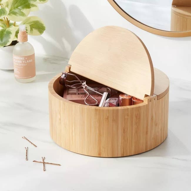 bamboo countertop organizer with two storage compartments