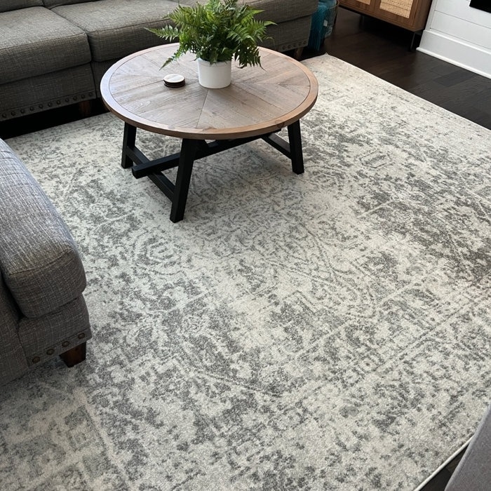 Reviewer&#x27;s photo of grey rug with a table and couch.