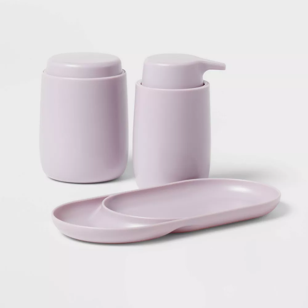 The three-piece lilac bathroom counter soap set
