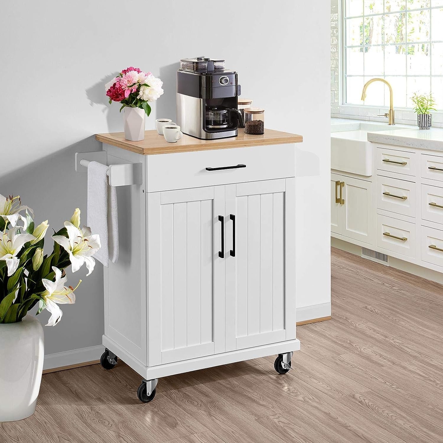 white rolling kitchen cart with bamboo top, cabinet, drawer, towel bar, and spice rack.