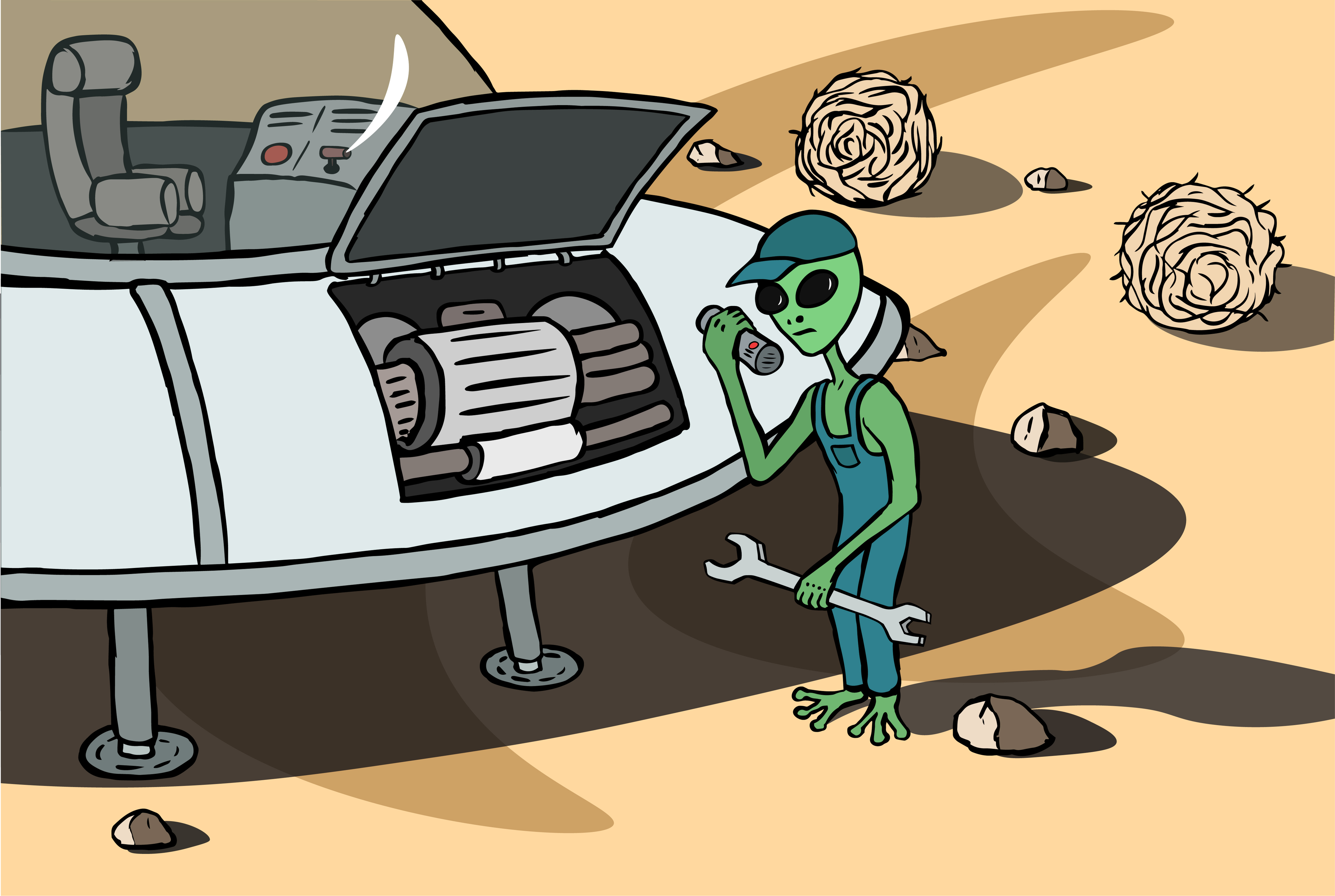 Cartoon of an alien holding a wrench to repair a spaceship