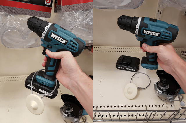 An easily removable security tag on a drill
