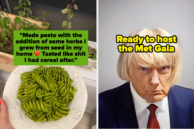 "Made pesto with the additon of some herbs I grew from seed in my home. Tasted like shit I had cereal after." on the right is donald trump's mugshot with a blonde wig edited on with caption "ready to host the Met Gala"