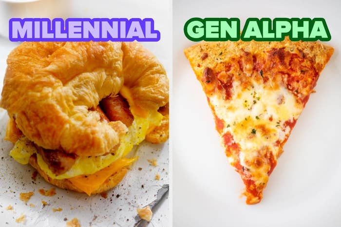 On the left, bacon, egg, and cheese on a croissant labeled millennial, and on the right, a slice of cheese pizza labeled gen alpha