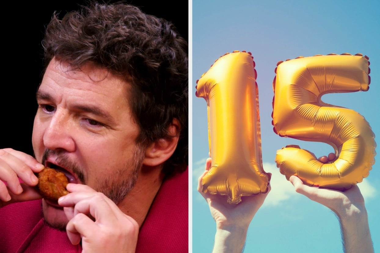 On the left, Pedro Pascal eating a chicken wing, and on the right, someone holding up a 1 balloon and a 5 balloon
