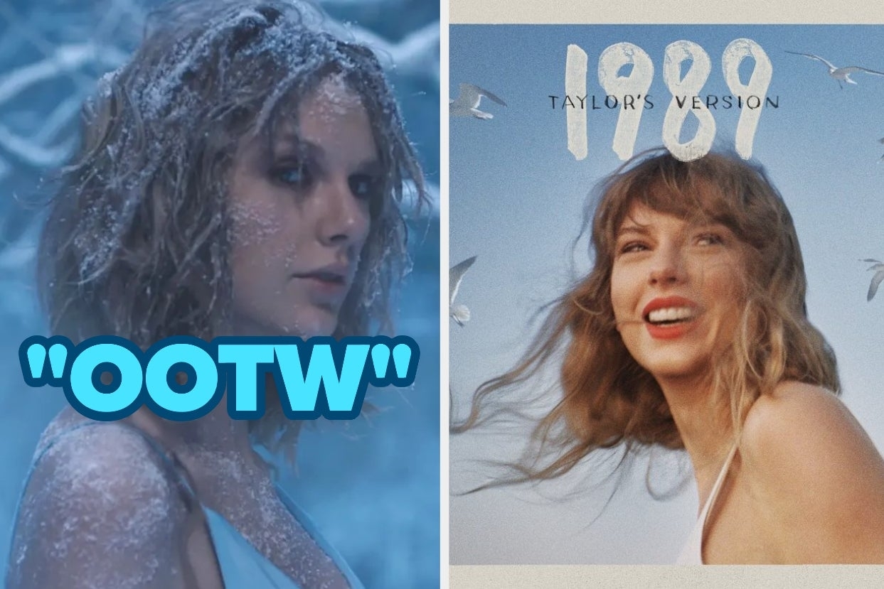 On the left, Taylor Swift covered in frost in the Out of the Woods music video, and on the right, Taylor Swift smiling on the 1989 Taylor&#x27;s Version album cover