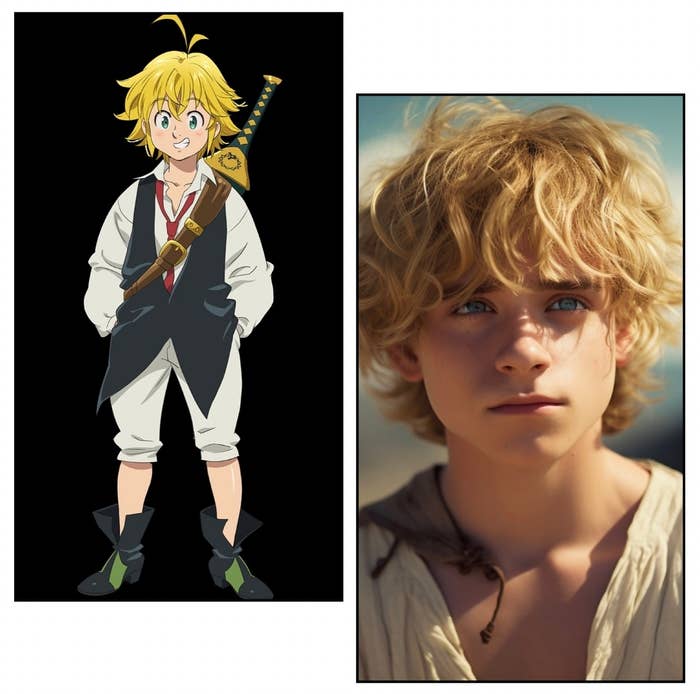 A blond anime character with a sword and an AI real-life version.