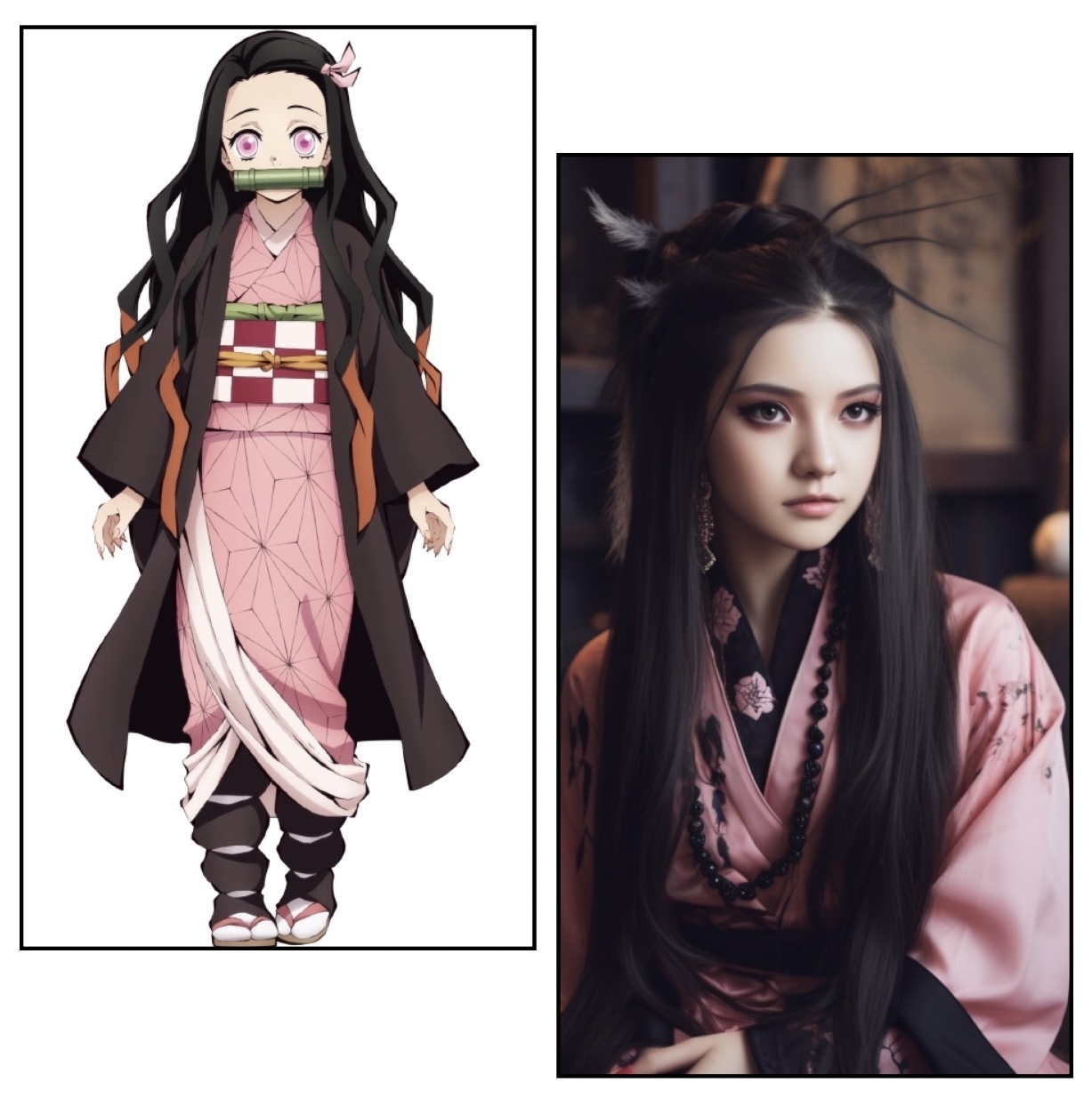 A girl with long black hair in pink robes.