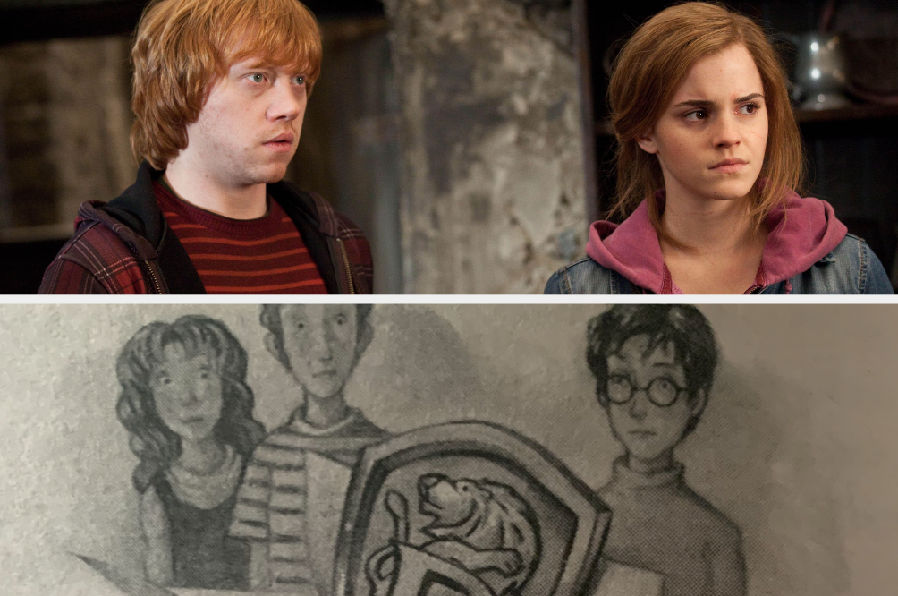 Ron and Hermione in the movies and illustrated in the books with a prefect badge