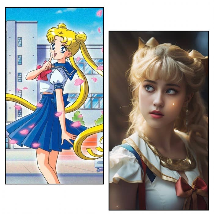 A blonde girl in a blue sailor dress, anime and real versions.