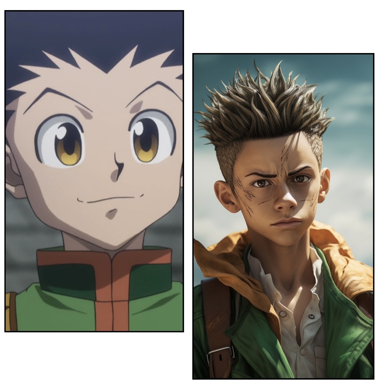 A boy in a green jacket with spiky hair.
