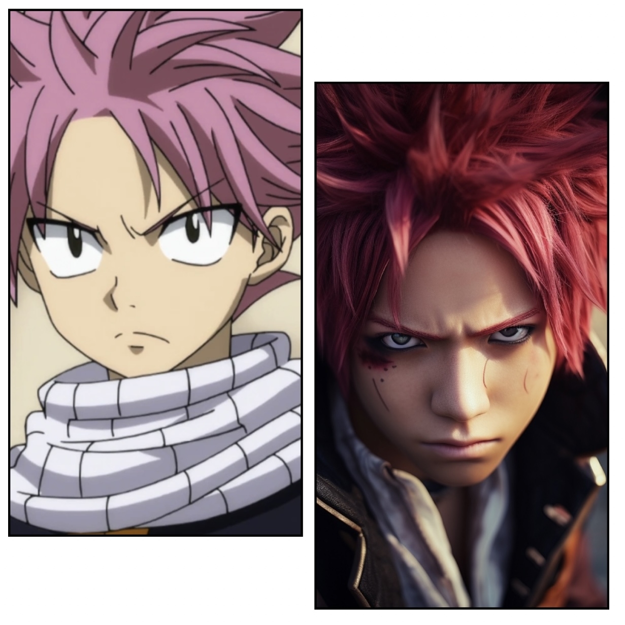 A scowling boy with pink hair.
