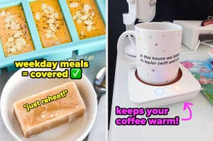 a frozen cube of soup in a bowl next to a silicone tray with more frozen cubes / a white mug warmer heating a mug of coffee