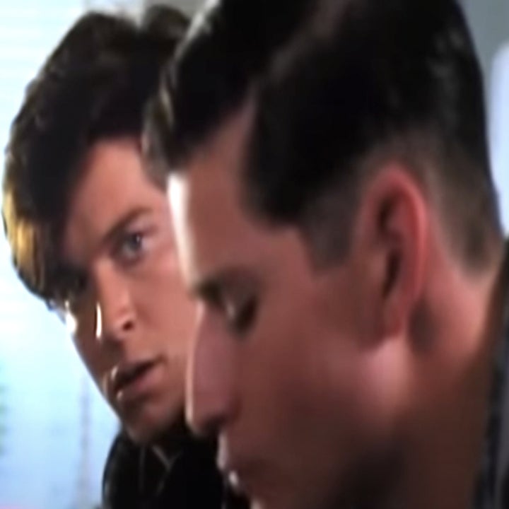 Eric Stoltz as Marty McFly stares at his young dad