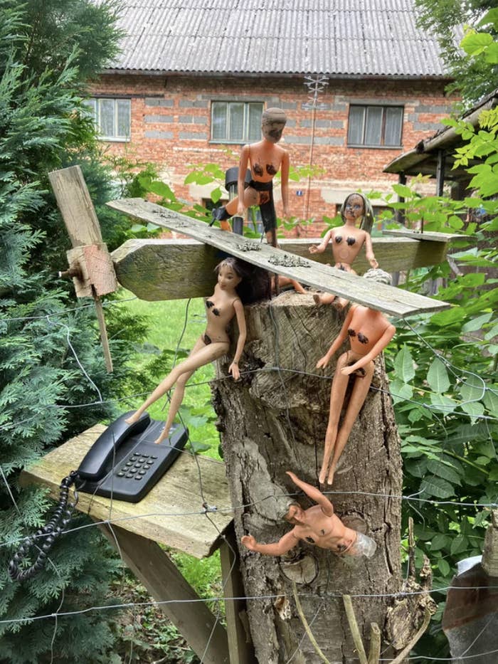 Demolished Barbies on a tree