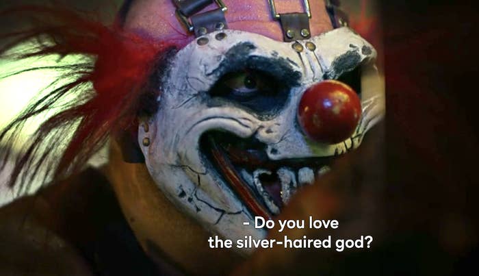 Close-up of Sweet Tooth asking, &quot;Do you love the silver-haired god?&quot;