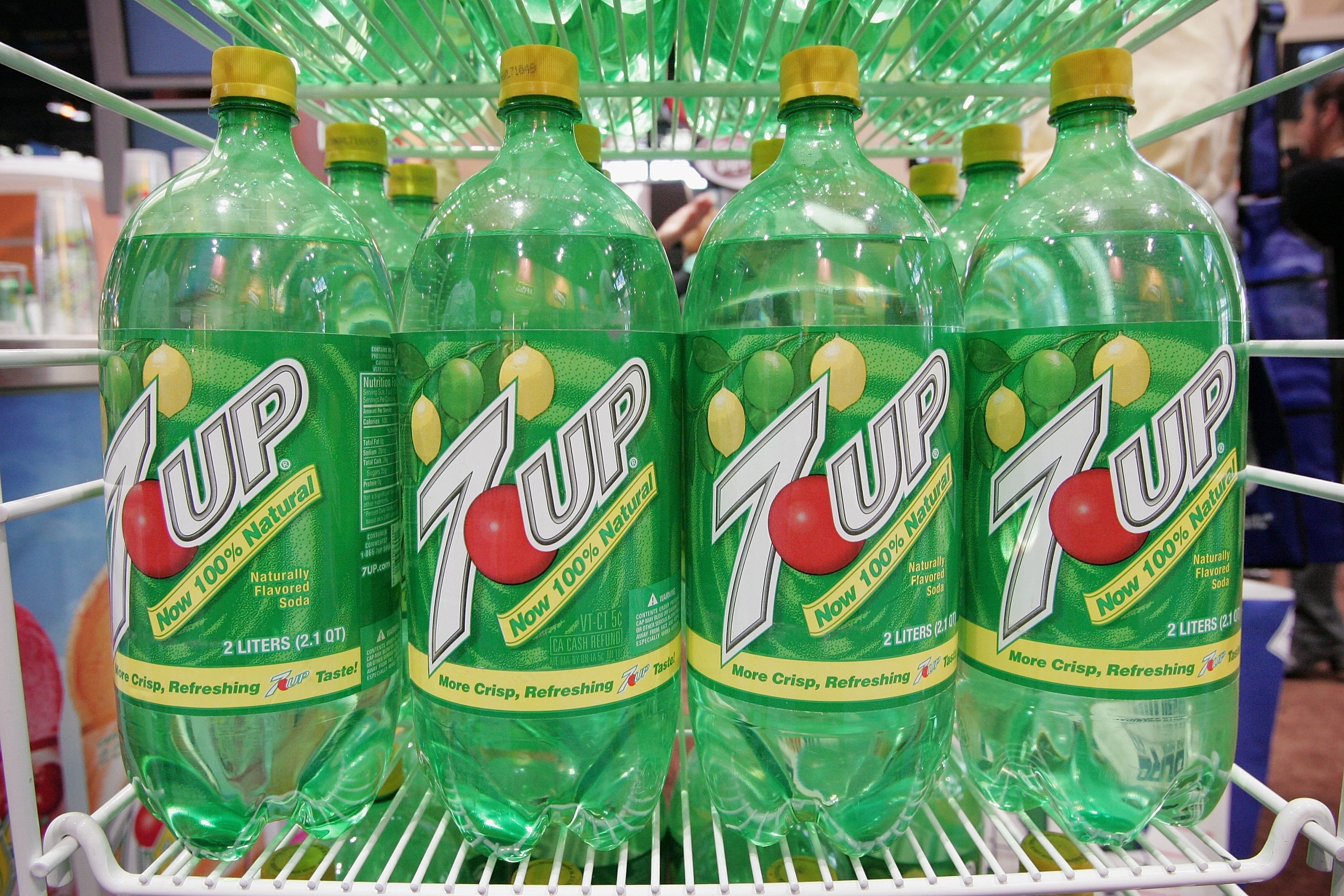 Close-up of bottles of 7 Up