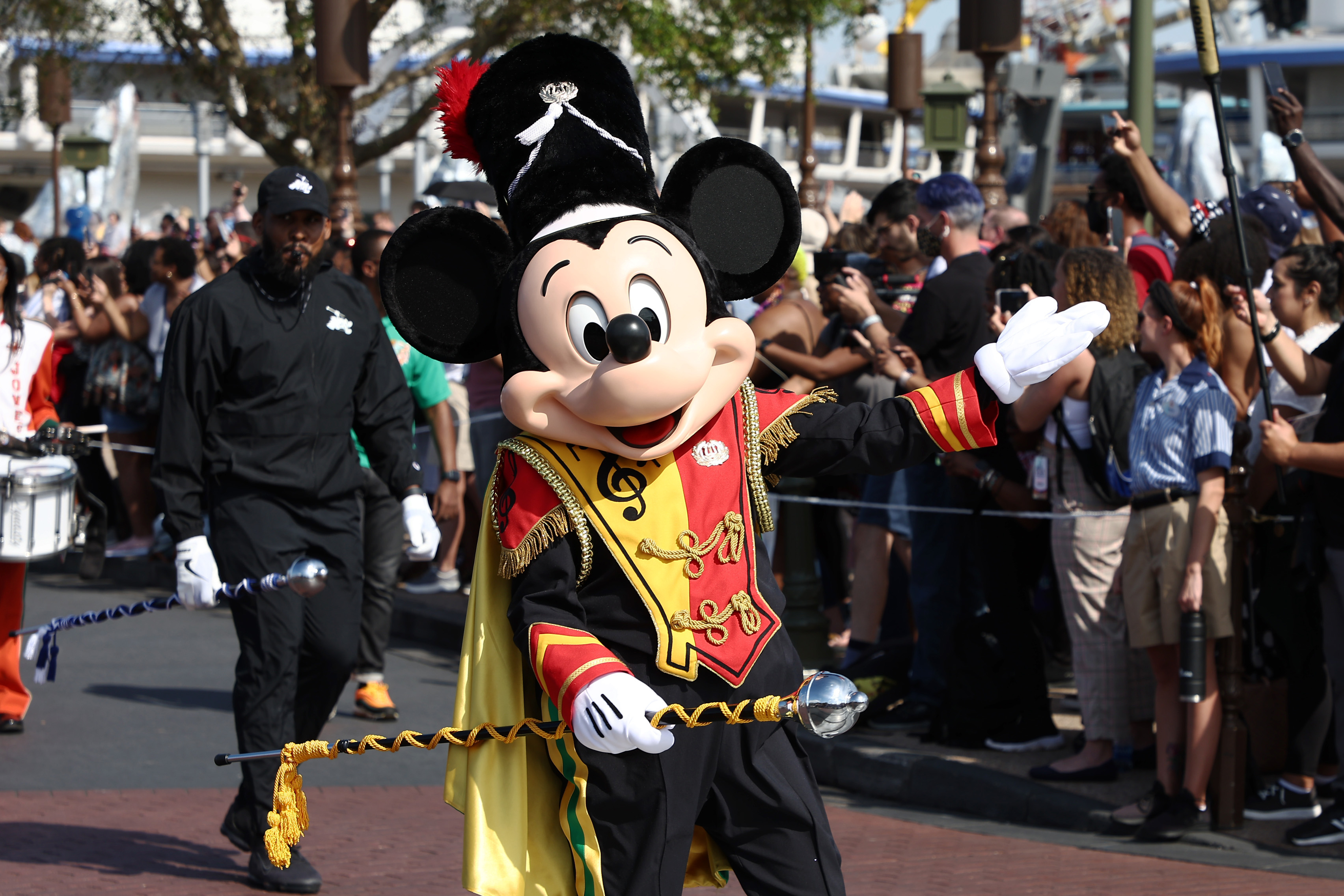 Close-up of Mickey Mouse in a parade