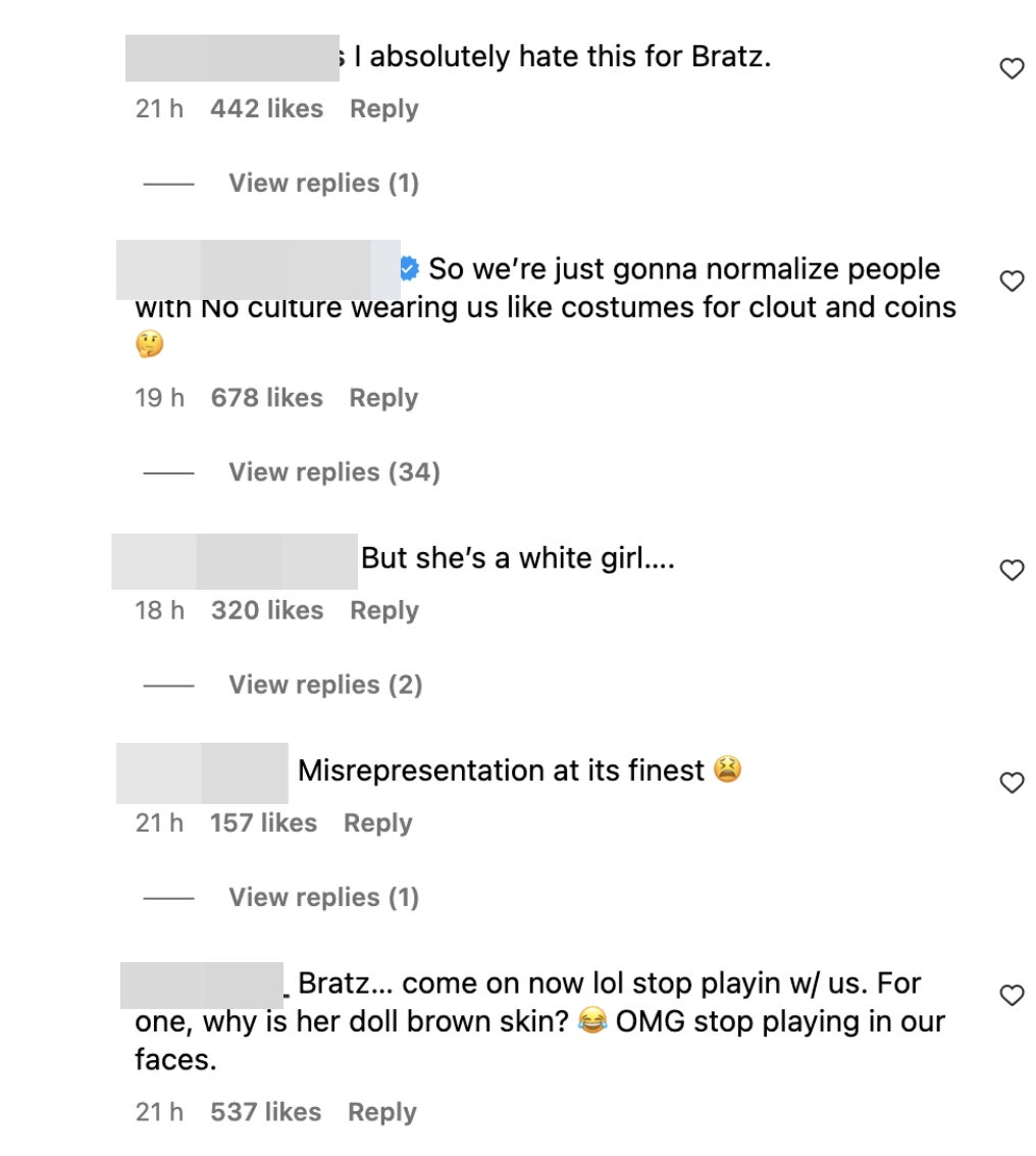 Screenshot of comments, including &quot;So we&#x27;re just gonna normalize people with no culture wearing us like costumes for clout and coins&quot;