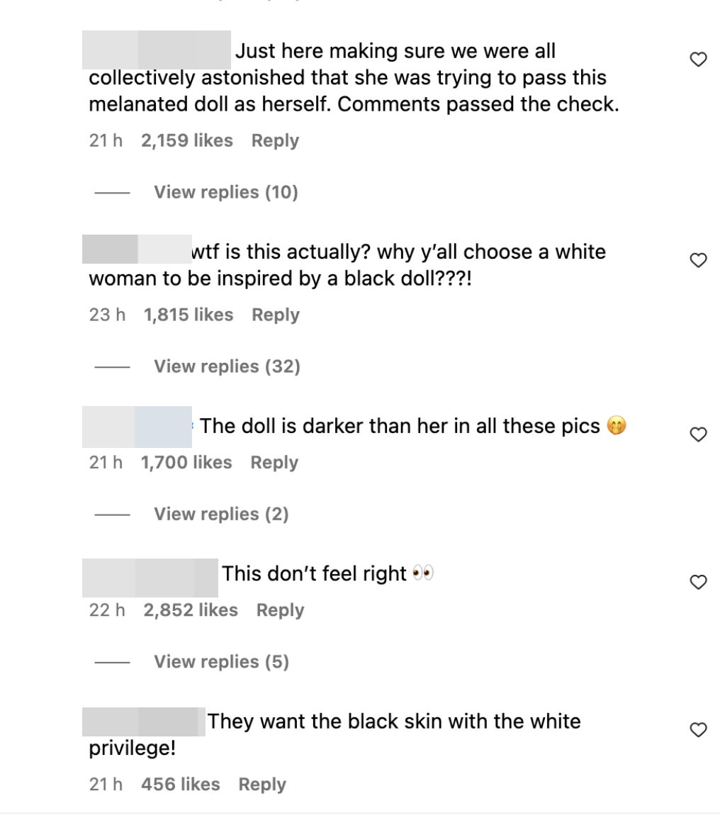 Screenshot of comments, also including &quot;This doll is darker than her in all these pics&quot; and &quot;They want the black skin with the white&quot;