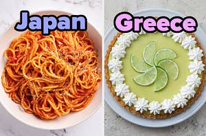 On the left, some spaghetti labeled Japan, and on the right, a key lime pie labeled Greece