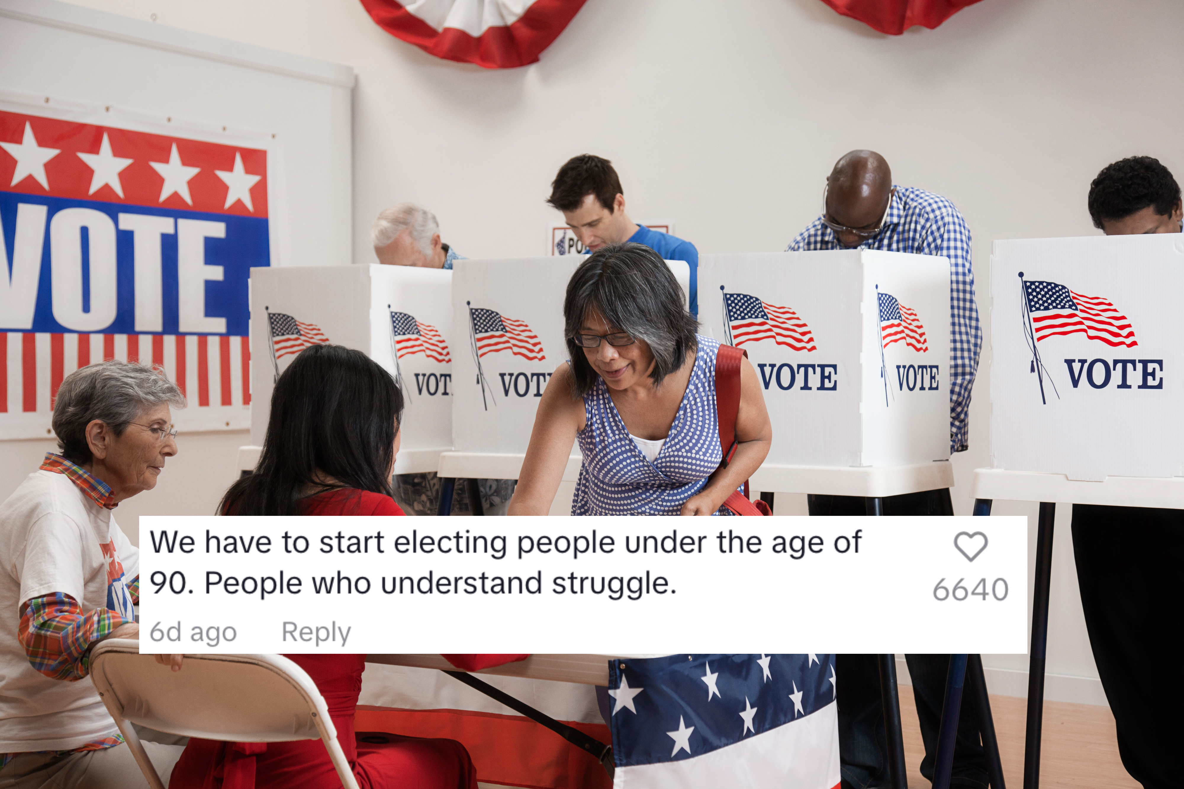 voters in a polling place and a tiktok comment saying we have to start electing people under the age of 90 people who understand struggle