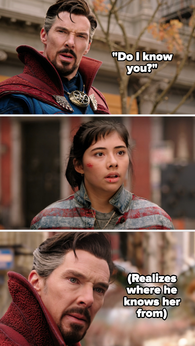 Benedict Cumberbatch as Dr Strange saying to Xochitl Gomez as America Chavez, &quot;Do I know you?&quot;