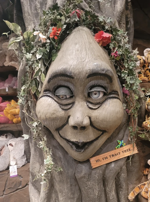 &quot;Tracy Tree,&quot; a talking tree at the Rainforest Cafe that looks very sickly and its eyes are rolling in two different directions
