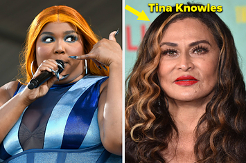 Lizzo uses one hand to hold a microphone and the other to make a phone gesture vs Tina Knowles poses on the red carpet