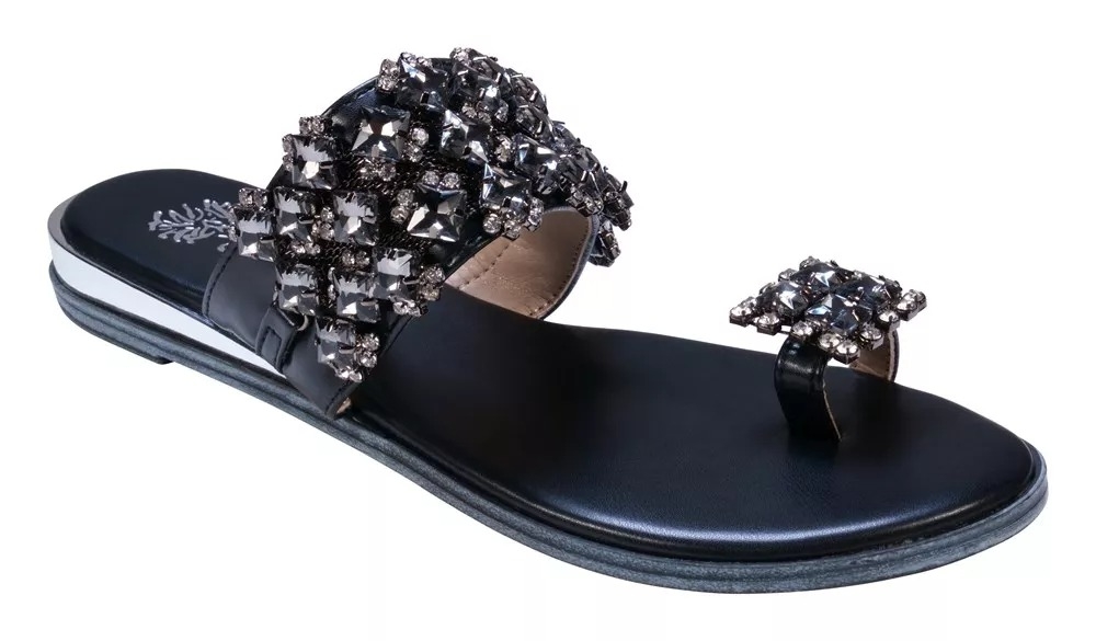 black sandal with rhinestone design