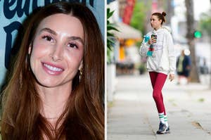 Whitney Port smiles for a photo vs Whitney Port is photographed while walking and carrying a water bottle